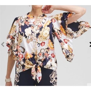 Chicos Satin Ruffle Sleeve Tie Front Top Beach Blouse Navy Women’s Size 0 (4-S) - Picture 1 of 18