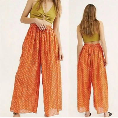 Pantalones ligeros FP Dream Time pierna ancha mandarina boho de gran tamaño con cordón M Foto 1 de 4