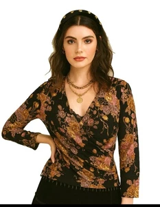 Vintage Y2K schwarz strukturiert Metallic Blumen Perlenborte Boho Whimisigoth Faux Wickel Top - Bild 1 von 10