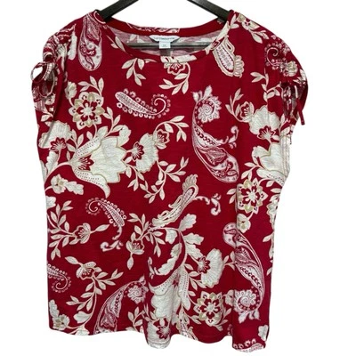 Liz Claiborne TShirt Womens 0X 14 Red Paisley Floral Cap Sleeve Lightweight Top - Image 1 of 4