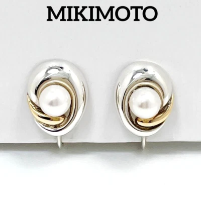 MIKIMOTO JAPAN AKOYA Pearl Earrings 5.9mm Antique MIKIMOTO K18 & Silver 5.6g - Image 1 of 4