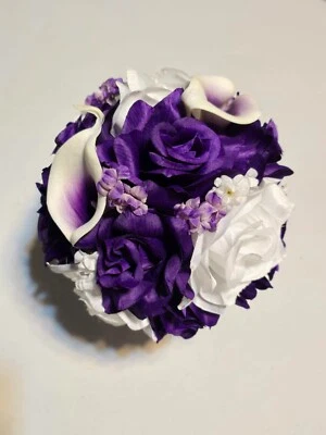 7 Pieces Artificial Flowers Purple White Roses Calla Lilies Wedding Bouquet Set  - Image 1 of 4