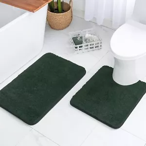 Dark Green Bathroom Mats Sets 2 Piece with Non Slip Toilet Rugs U ShapedWater... - Picture 1 of 7
