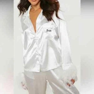 Boohoo Women's White Satin Feather Arm Cuff Long Sleeve Bride Pajama Top Size 12 - Picture 1 of 11