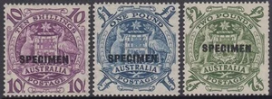 Sellos 1949 Australia Armas conjunto de 3 ESPECIMEN sobreimpresión SG224bs-224ds en MVVLH - Imagen 1 de 2