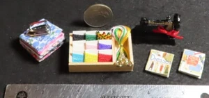 Sewing Machine Fabric Iron Books Notions thread Box Scissors Lot 1:12 Mini #4597 - Picture 1 of 2