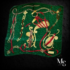 LAURA BIAGIOTTI Green Equestrian Silk Scarf Hand Made In Italy 34"- 33’’ EX CD - Picture 1 of 9