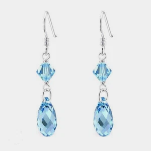 Aquamarine Blue 1 1/2" Drop Earrings Made w Swarovski Crystal Sterling Earwires - Picture 1 of 4