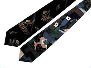 2 Hand Painted Men Silk Neckties Still Life Basket Hat and Still Life Wine Grape - Picture 1 of 7
