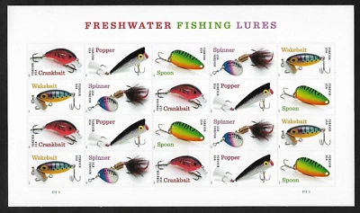 #5961-5965 Freshwater Fishing Lures - Forever 2025 Sheet of 20 MNH (5 Different) - Image 1 of 2