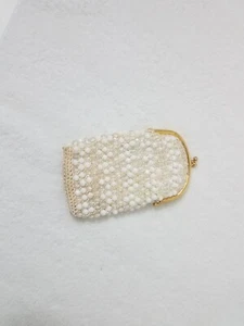 Vintage White and Clear Beaded Crochet Change Purse with Snap Lock Closure - Picture 1 of 5