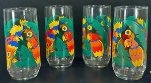 Vintage 1980's Libbey Tropical Bird Glasses Set Of 4 Bright & Beautiful EUC - Picture 1 of 4