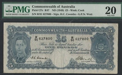 1949 AUSTRALIA 5 POUND NOTE PMG VF20 - Image 1 of 2
