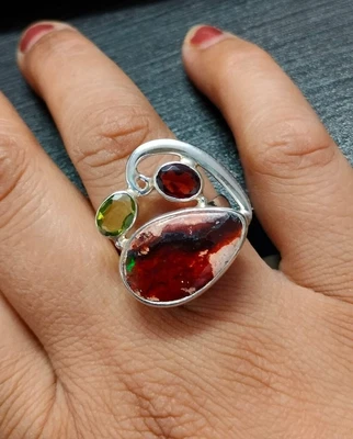 Anello in argento sterling 925 pietra preziosa opale di fuoco messicano... - Immagine 1 di 4
