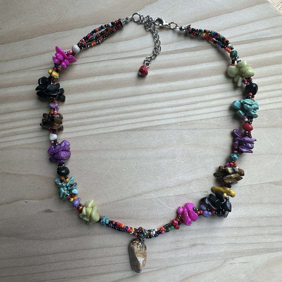 VTG Pendant Necklace 34" Agate Multicolor Stone Chips Glass Beads Boho Adjust - Image 1 of 4
