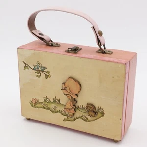 Holly Hobbie 3-D Wooden Box Purse 70s 80s Signed Hand Painted 5" x 7" Pink Strap - Picture 1 of 19