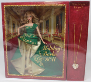 Holiday Barbie Doll Mattel 2011 Green & Gold Dress w/ Necklace Barbie Collector