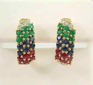 Women's 2Ct Round Cut Lab Created Emerald Ruby Earrings 14K Yellow Gold Plated - Picture 1 of 8