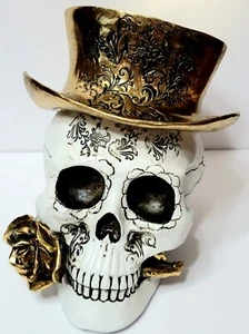Neu! Extra großer Tag der Toten Toten Totenkopf mit metallischem Goldhut & Rose Figur - Bild 1 von 10