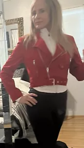 NEW Cinq A Cept Red Biker Jacket, Size Small, Zip Up, Waist Buckle, And Pockets - Picture 1 of 6