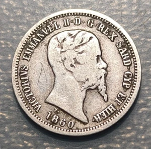 ITALIA REINO CERDEÑA SARDEGNA SAVOIA VITTORIO EMANUELE II 50 CENTESIMI 1860 M - Picture 1 of 2