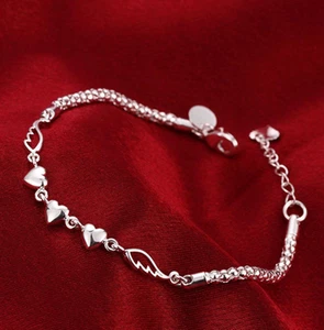 Womens 925 Sterling Silver Heart Link Chain Bangle Fashion Bracelet #B327 - Picture 1 of 5