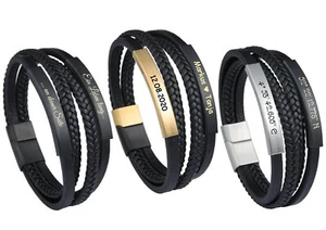 Leder Armband mit zwei Edelstahlplatten + Gravur nach Wunsch 3 Varianten 20,5 cm - Picture 1 of 13