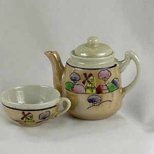 MINIATURE TEAPOT AND CUP Beige Windmill Scene Porcelain Japan Mini - Picture 1 of 6