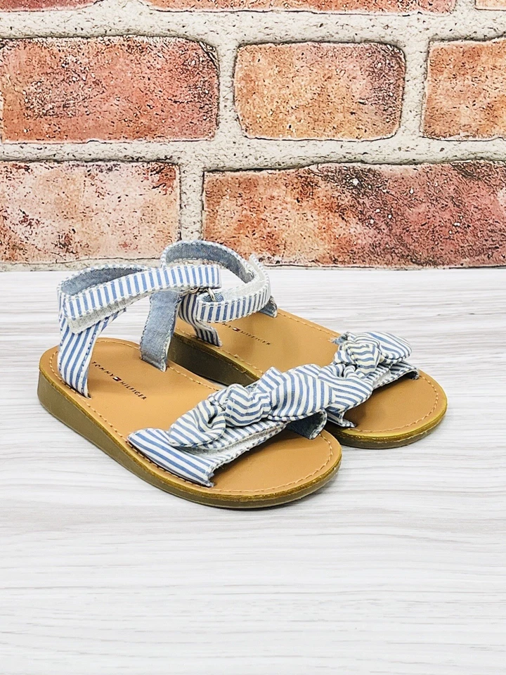 Tommy Hilfiger Girls Sandals 7 Toddler Strap White Blue Stripe Open Toe Bow - Image 1 of 4