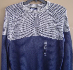 NWT $128 NAUTICA Mens S COLOR BLOCKED CREWNECK SWEATER Mood Indigo Blue S63324 - Picture 1 of 3