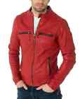 Men Red Leather Jacket Biker Motorcycle Genuine Lambskin Hide Café Racer Coat