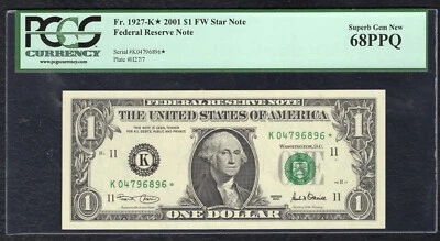 FR 1927-K* 2001 $1 FW *STAR* FRN DALLAS, TX PCGS SUPERB GEM UNCIRCULATED-68PPQ - Image 1 of 2