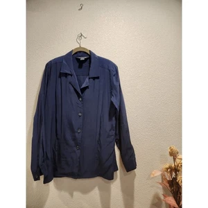 Nordstrom 100% Silk Navy Blue Button Front Long Sleeve Blouse Shirt L - Picture 1 of 6