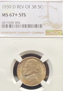 1939 D REVERSE OF 38 JEFFERSON NICKEL NGC MS 67 + 5FS NO RESERVE - Picture 1 of 7