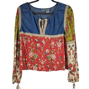 Top contadino donna denim boho patchwork floreale orlo all'uncinetto cravatta collo L anni 90 Y2K  - Foto 1 di 11