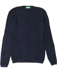 BENETTON Womens V-Neck Jumper Sweater UK 12 Medium Navy Blue Cotton BG04 - Picture 1 of 3