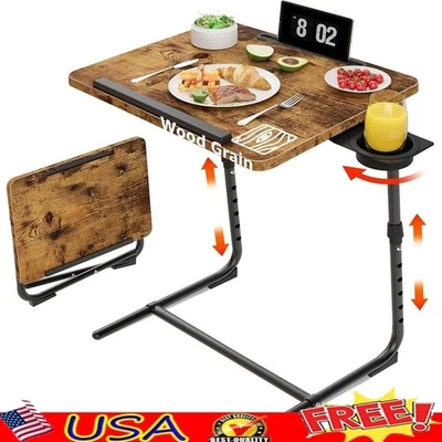 Folding Adjustable TV Tray Table W/ Cup Holder Side Pockets Lightweight Dining - Image 1 of 4