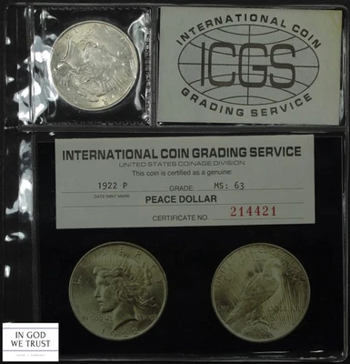 1922 Peace Silver Dollar $1 Old Photo Grading Certificate ICGS MS 63 - Image 1 of 4