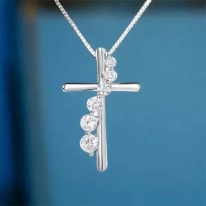 2.00Ct Round Cut Lab-Created Diamond Women's Cross Pendant 14K White Gold Plated - Picture 1 of 7