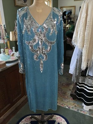 С ЯРЛЫКАМИ бисером серебро блестки Aqua синий шелк платье круиз вечер официальный размер большой - Изображение 1 из 4