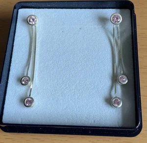Pendientes colgantes de cadena de plata 925 con piedras rosas / firmados - Imagen 1 de 9