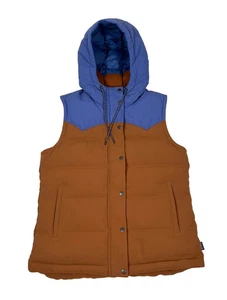 Patagonia Bivy Vest Women's Large Sisu Brown Blue Hooded Puffer Down Canvas - Picture 1 of 6