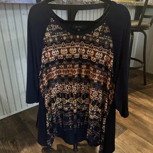 Karen Kane 3/4 Arm Oberteil marineblau bedruckt Strickshirt bequem Freizeit 3X - Bild 1 von 6