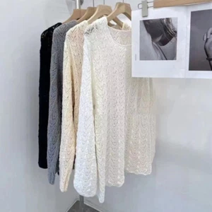 Women Hollow Out Shirt Tops Blouse Sheer Casual Knitted Knitwear Lace T-shirt - Picture 1 of 21