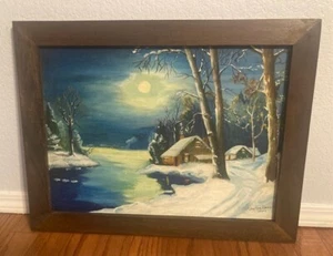Antique Wall ART Oil PAINTING SIGNED Country Cabin Full Moon Creek Winter Snow - Imagen 1 de 1