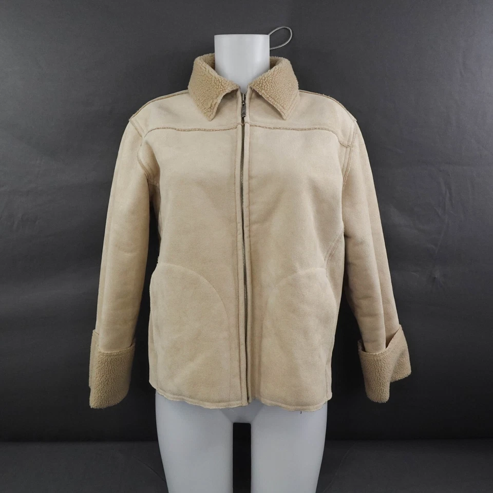 IZOD Womens Jacket Small Tan Faux Suede Sherpa Lined Zip Minimalist Timeless - Image 1 of 4