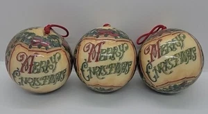 Vintage Pappmaché Frohe Weihnachten Dekoration Kugel Ornamente 4" 3er Set - Bild 1 von 8