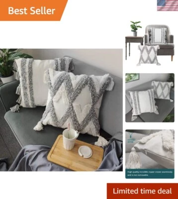 Fundas de almohada boho duraderas de 20"x20" con borlas suaves - Juego de 2 en gris y blanco Foto 1 de 4