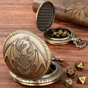 7pcs D&D Dungeons & Dragons Metal Dice DND with Dragon Pocket Watch Shell Case - Foto 1 di 14