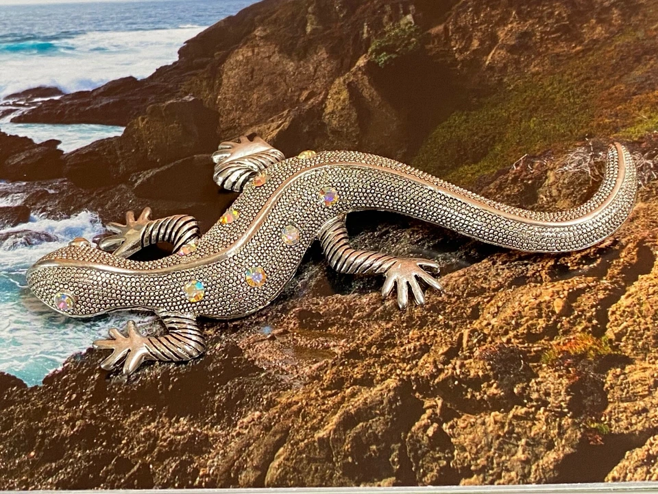 Broche/pin reptil lagarto plateado con CRISTALES 5" de largo Foto 1 de 4